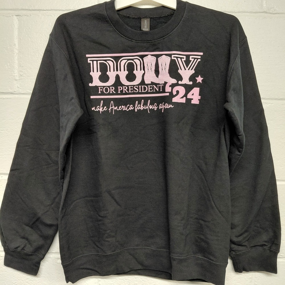 Dolly For President Black Crewneck Pink Graphic Long Sleeve Softstyle Western